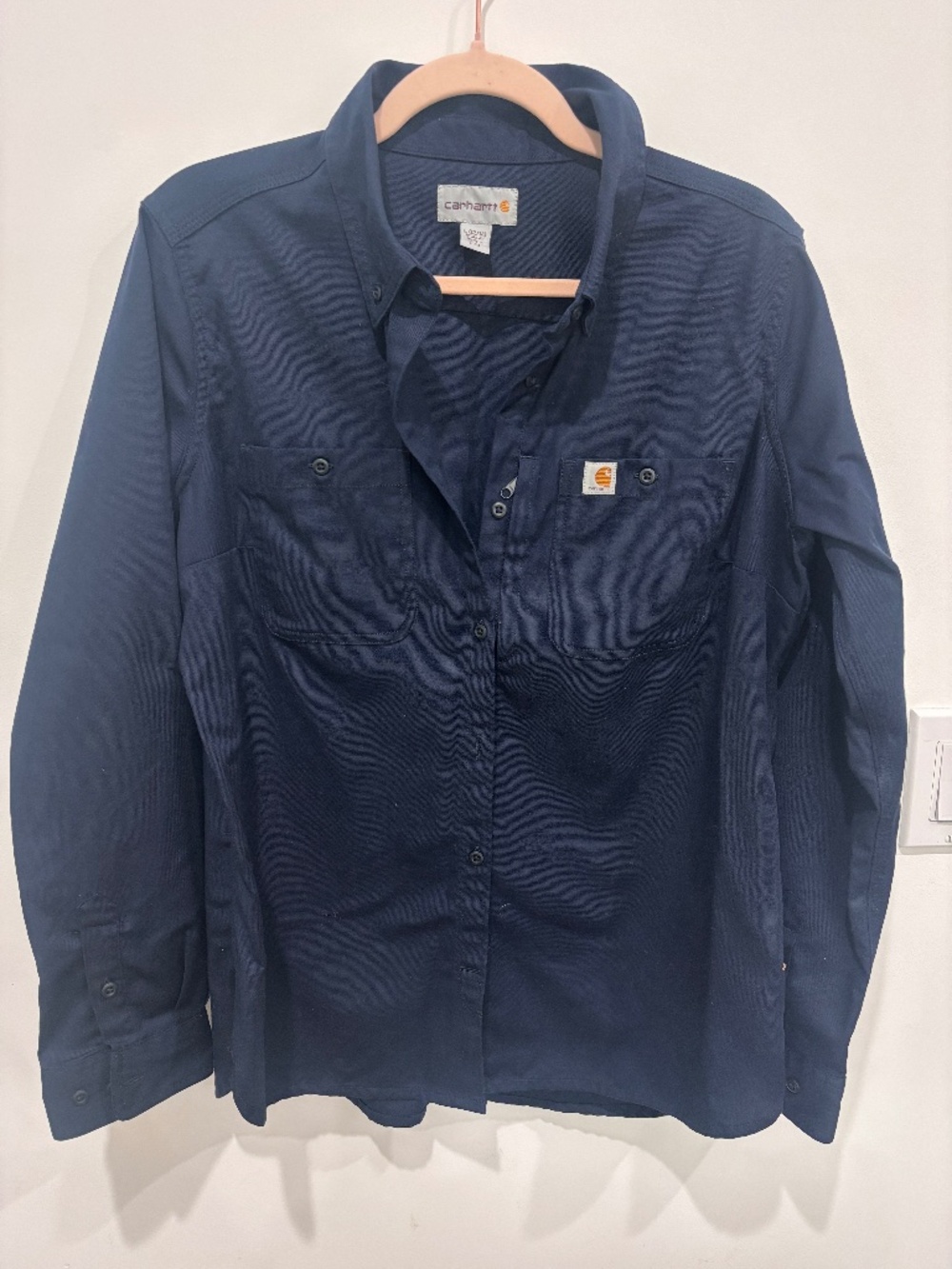 Carhartt Button Down Shirt Women Large Navy Blue Workwear Utility Pocket Top